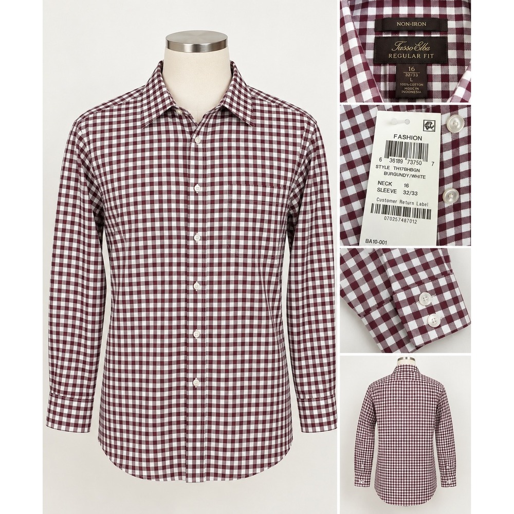 Tasso Elba Men's Dress Shirt 16 32/33 Burgundy White Gingham Non-Iron NWT 0444